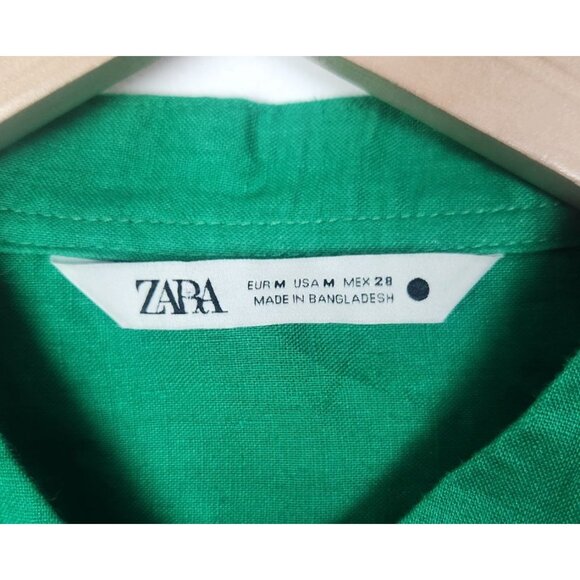 Zara Women's Sz. M 100% Green Long Sleeve Midi Linen Button Front Dress - Picture 2 of 6